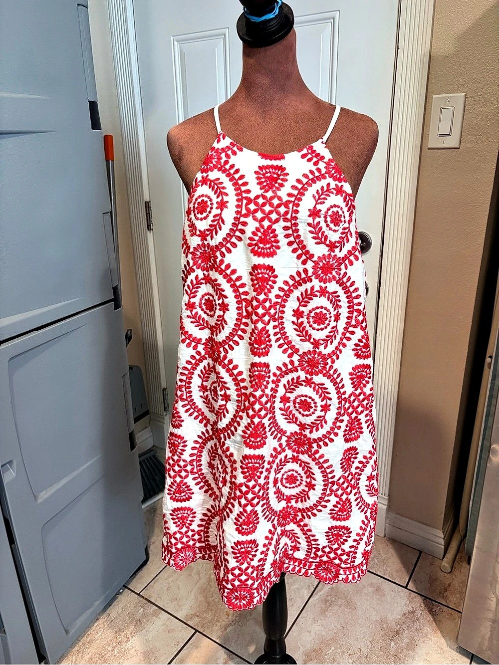 andro Embroidered Mini Dress in White & Red Like New